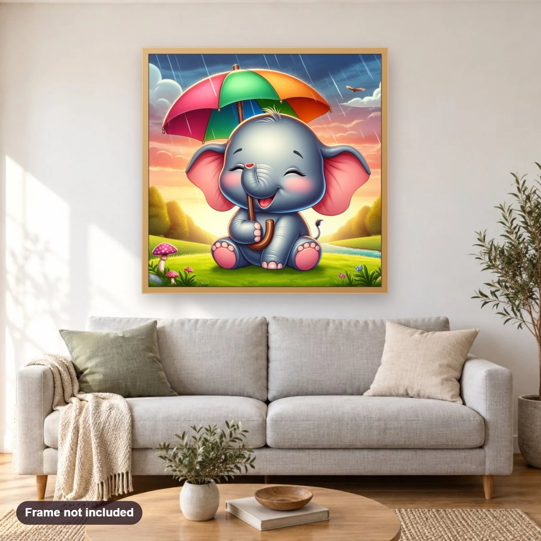 Laughing Elephant With Colorful Umbrella diamond painting shown framed on a living room wall above a sofa