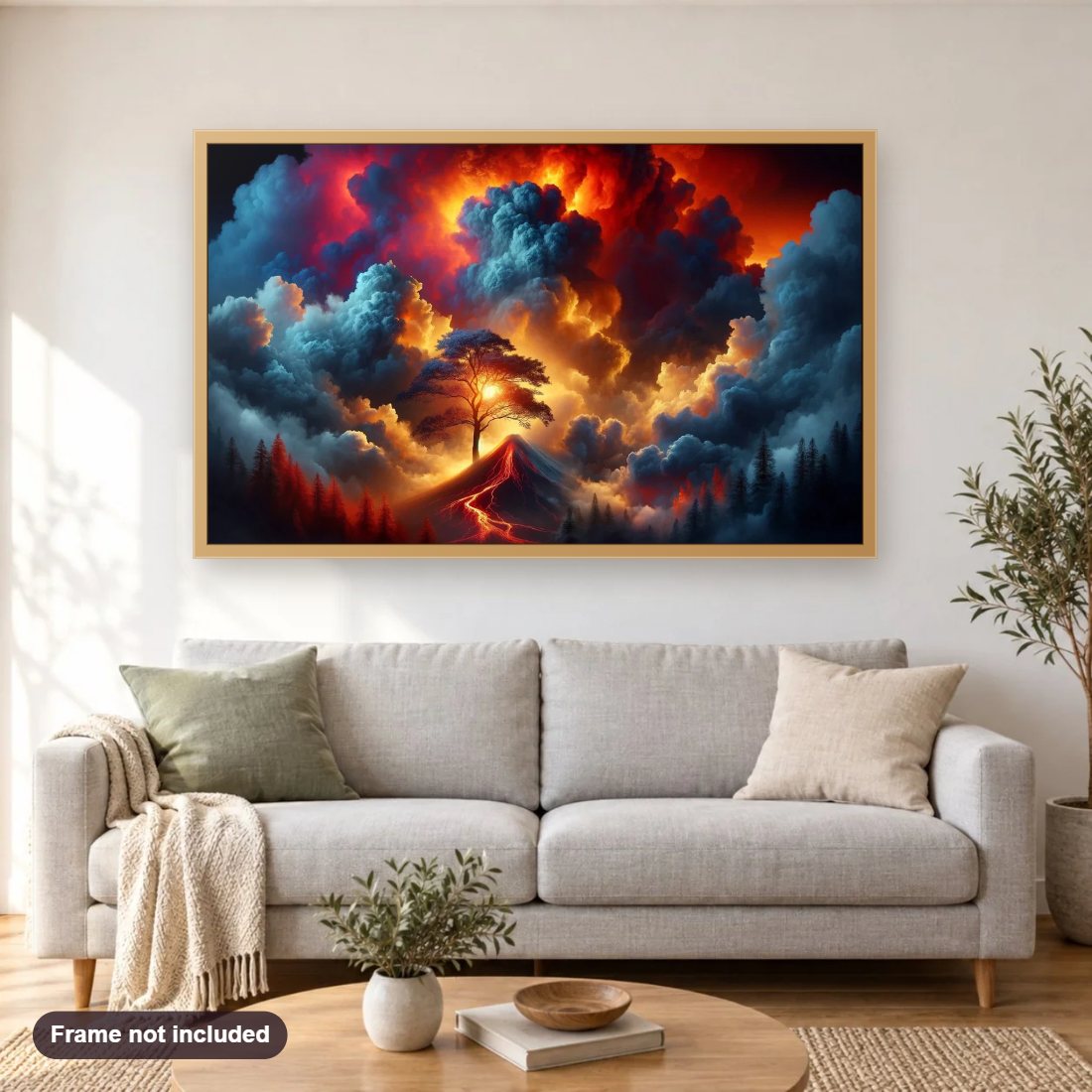 Lava Mountain Beneath Shining Clouds diamond painting shown framed on a living room wall above a sofa
