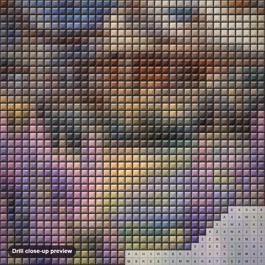 Close-up preview of the Lavender Cottage diamond painting with square 5D drills and printed canvas symbols