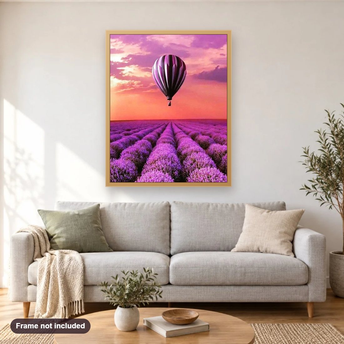 Lavender Fields & Air Balloon diamond painting shown framed on a living room wall above a sofa