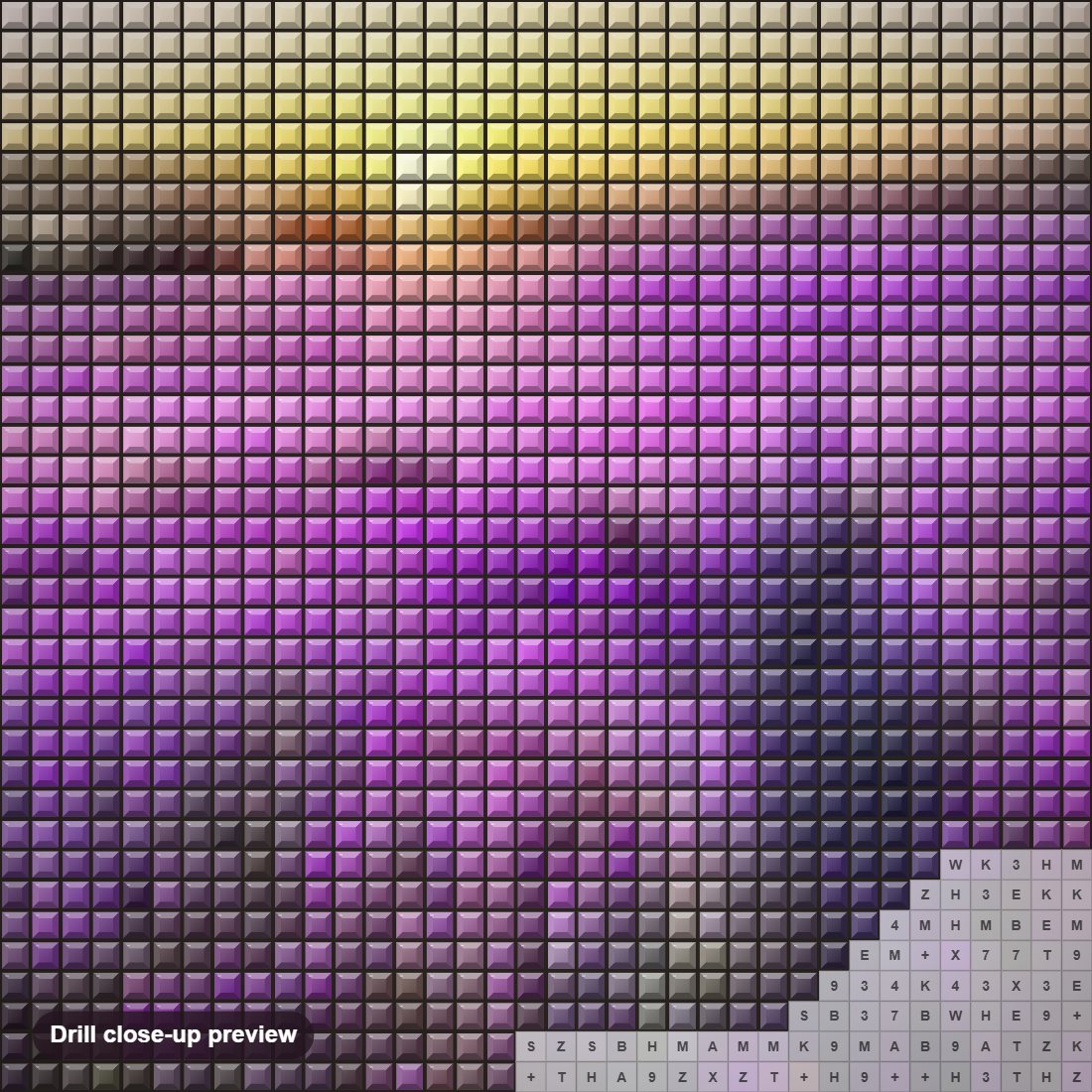 Close-up preview of the Lavender Fields & Sunset diamond painting with square 5D drills and printed canvas symbols