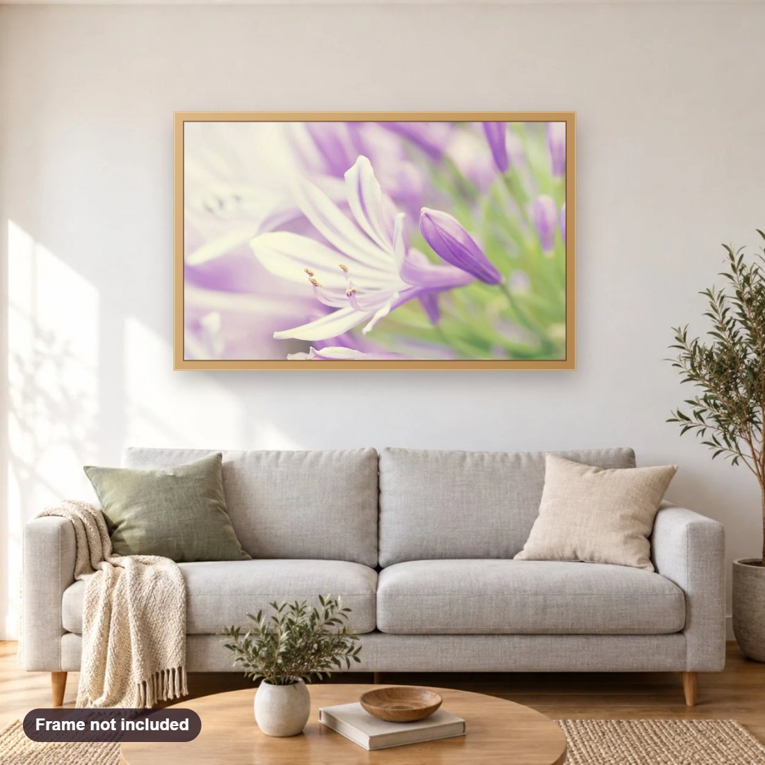 Lavender Flower Close up diamond painting shown framed on a living room wall above a sofa