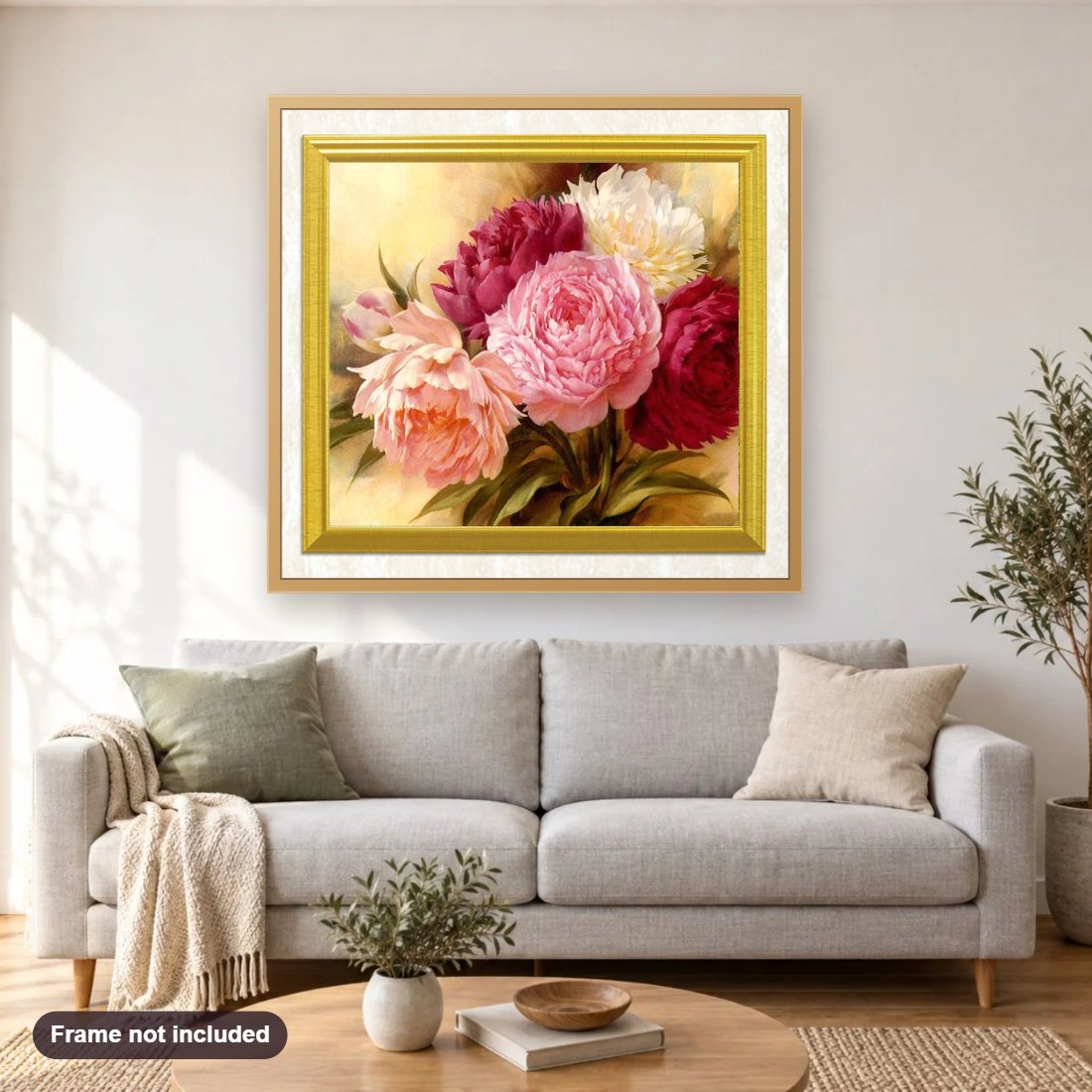 Lavish Flowers diamond painting shown framed on a living room wall above a sofa