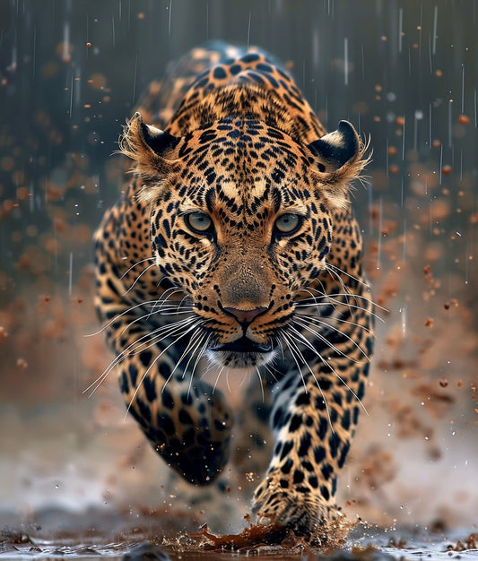 Leopard Runing  In The  Rain