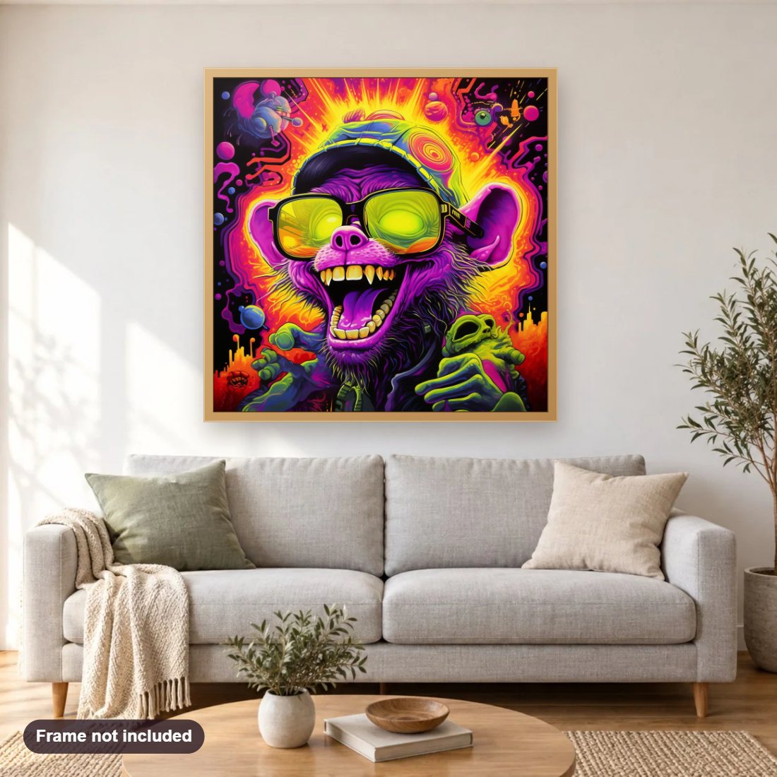 Let's Be Funky Together diamond painting shown framed on a living room wall above a sofa