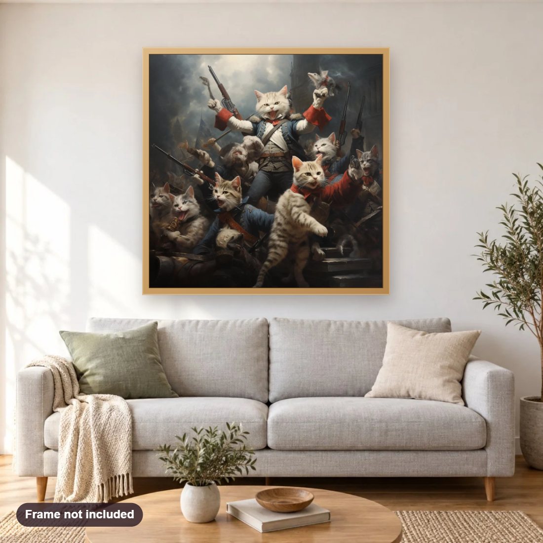 Let's Celebrate the Victory diamond painting shown framed on a living room wall above a sofa
