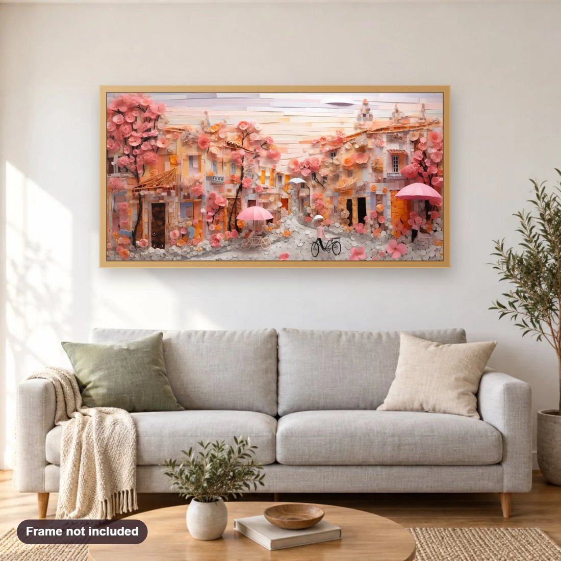 Let's Fall In Love diamond painting shown framed on a living room wall above a sofa