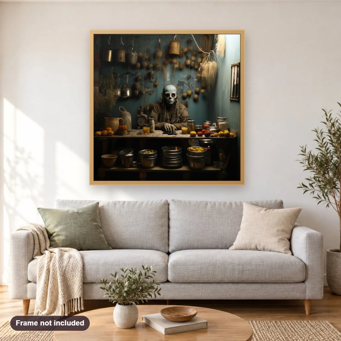 Lets Get Scary with diamond painting shown framed on a living room wall above a sofa