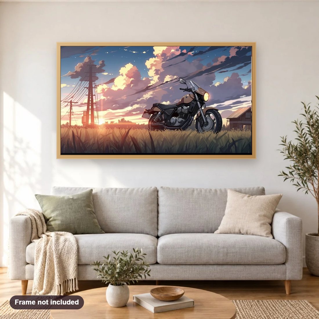 Lets Go on a Bike Trip diamond painting shown framed on a living room wall above a sofa