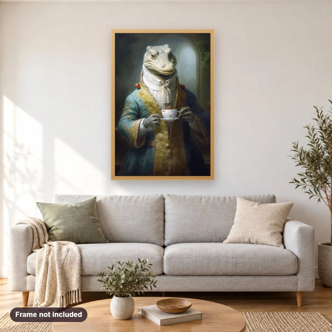 Let's Have a Cup of Tea diamond painting shown framed on a living room wall above a sofa