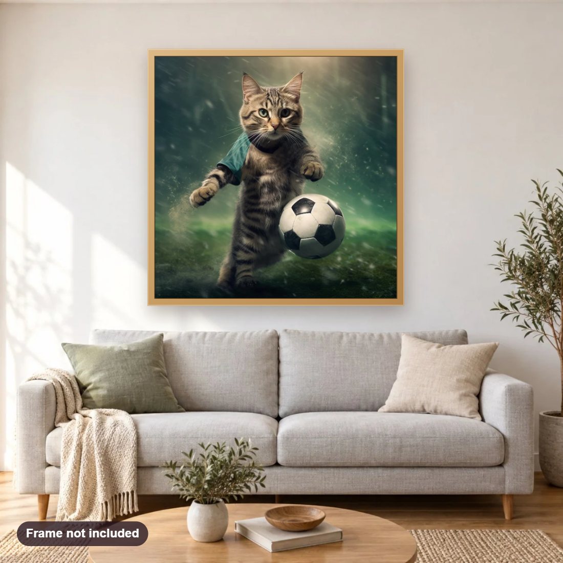 Lets Play Football diamond painting shown framed on a living room wall above a sofa