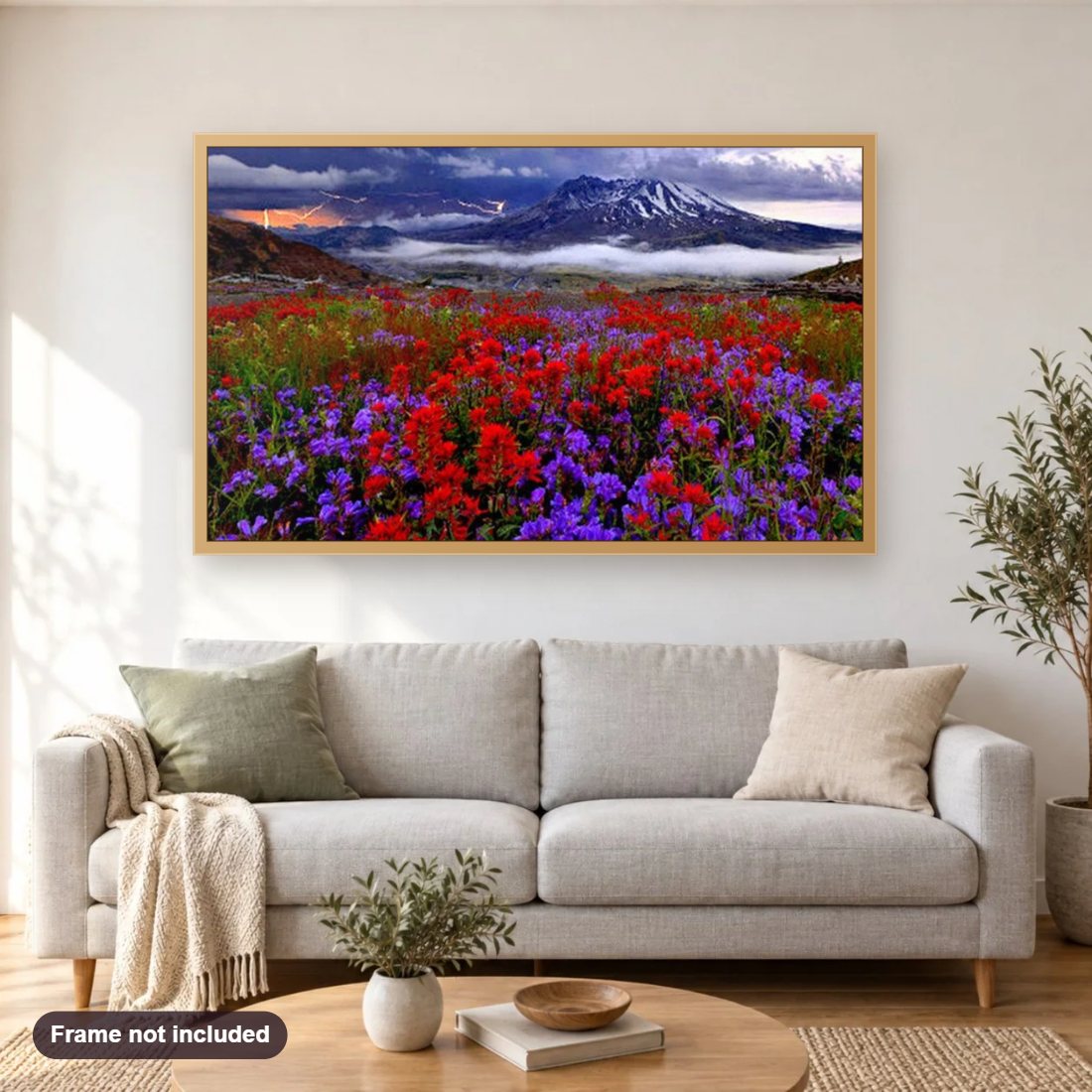 Lightning Over Mount St. Helens diamond painting shown framed on a living room wall above a sofa