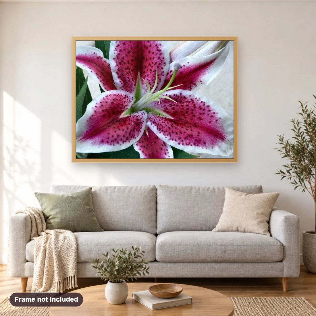 Lily Close up diamond painting shown framed on a living room wall above a sofa