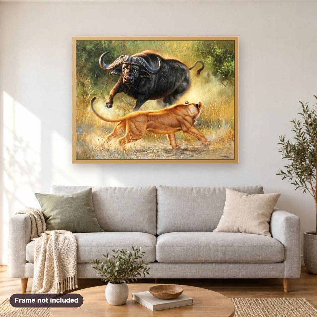 Lion & Bull Fight diamond painting shown framed on a living room wall above a sofa