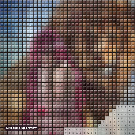 Close-up preview of the Lion Queen diamond painting with square 5D drills and printed canvas symbols
