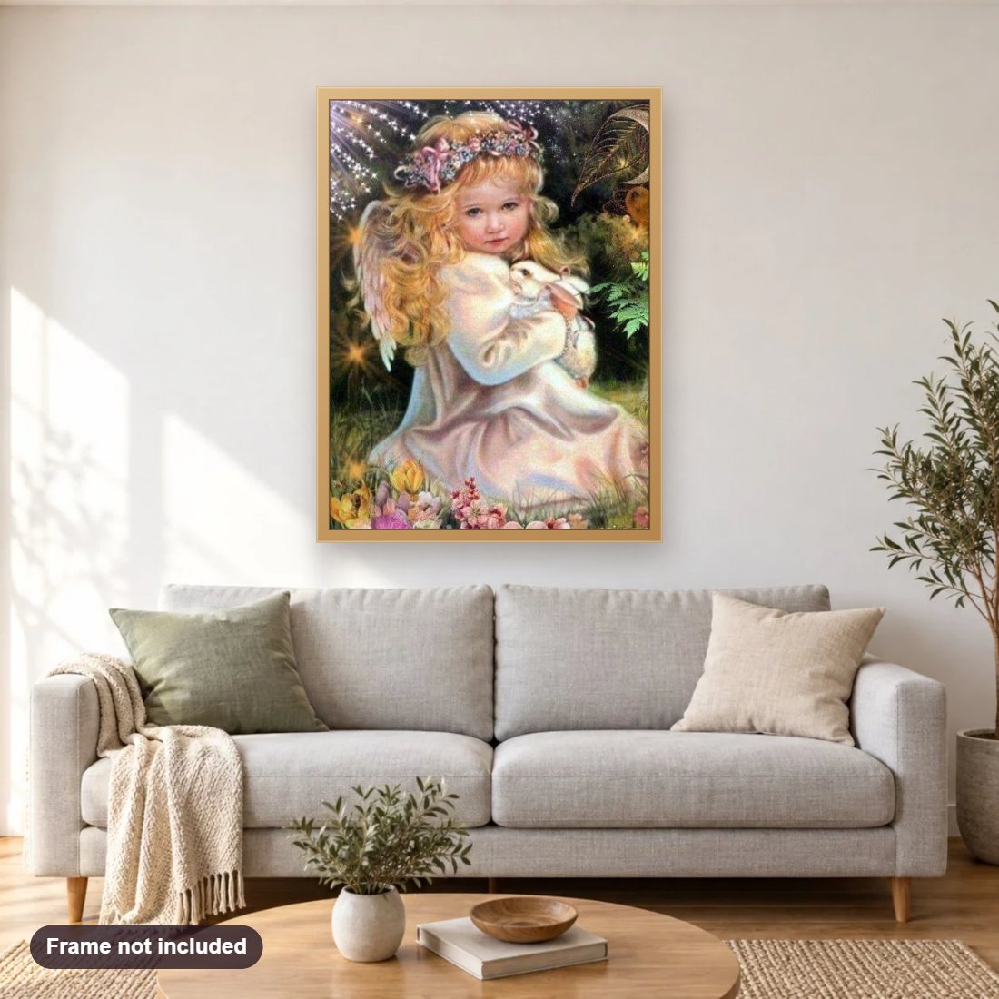 Little Angel Girl with Rabbit diamond painting shown framed on a living room wall above a sofa