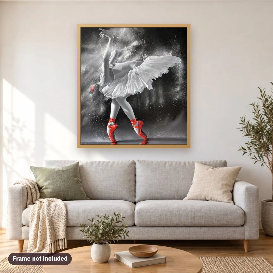 Little Ballerina diamond painting shown framed on a living room wall above a sofa