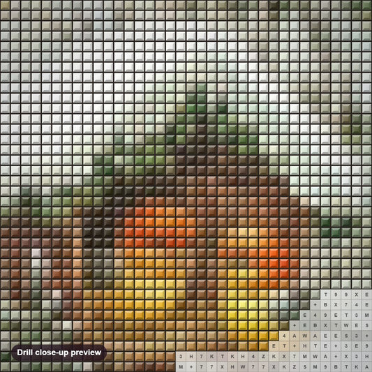 Close-up preview of the Little Birds House in Snow diamond painting with square 5D drills and printed canvas symbols