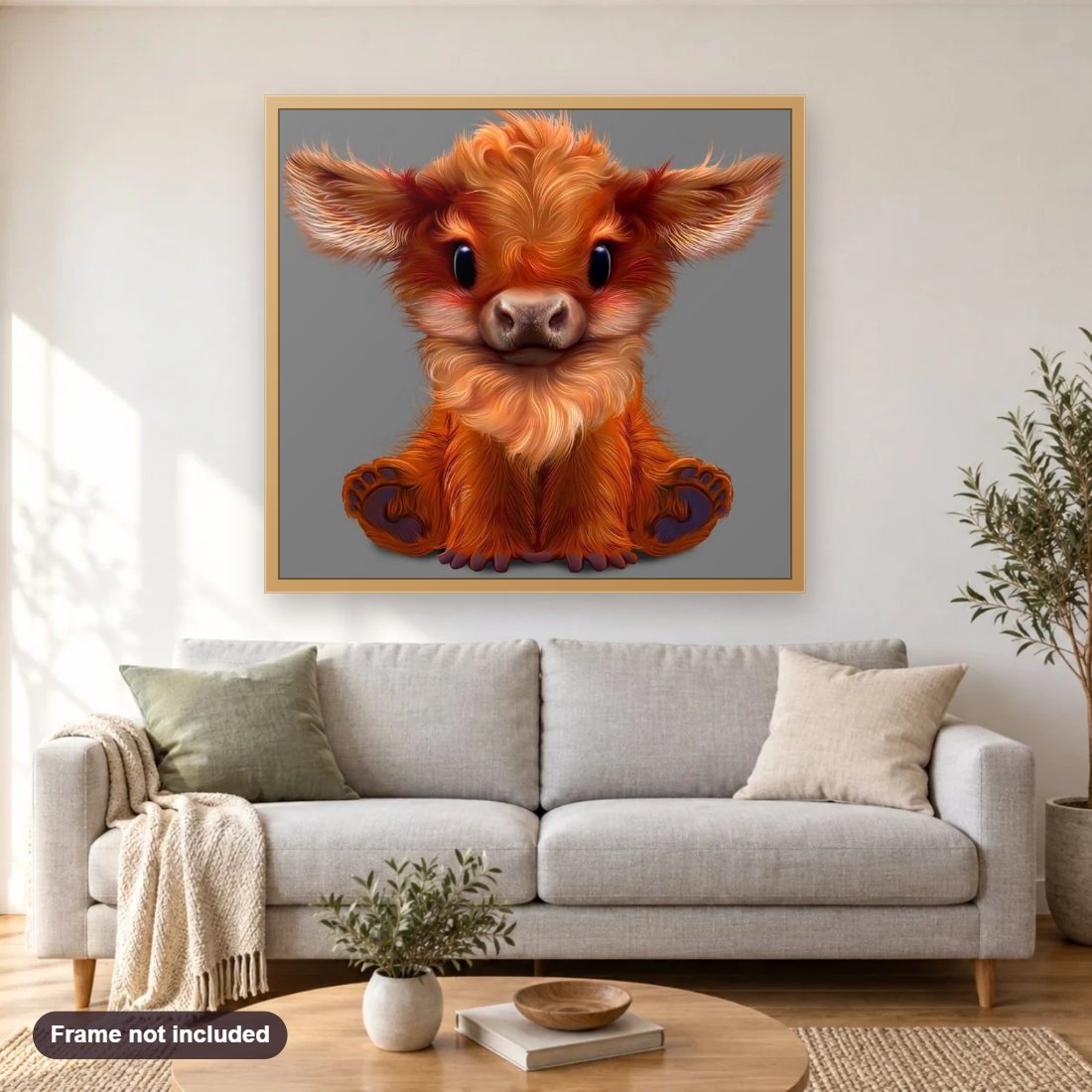 Little Cartoon Cattle diamond painting shown framed on a living room wall above a sofa