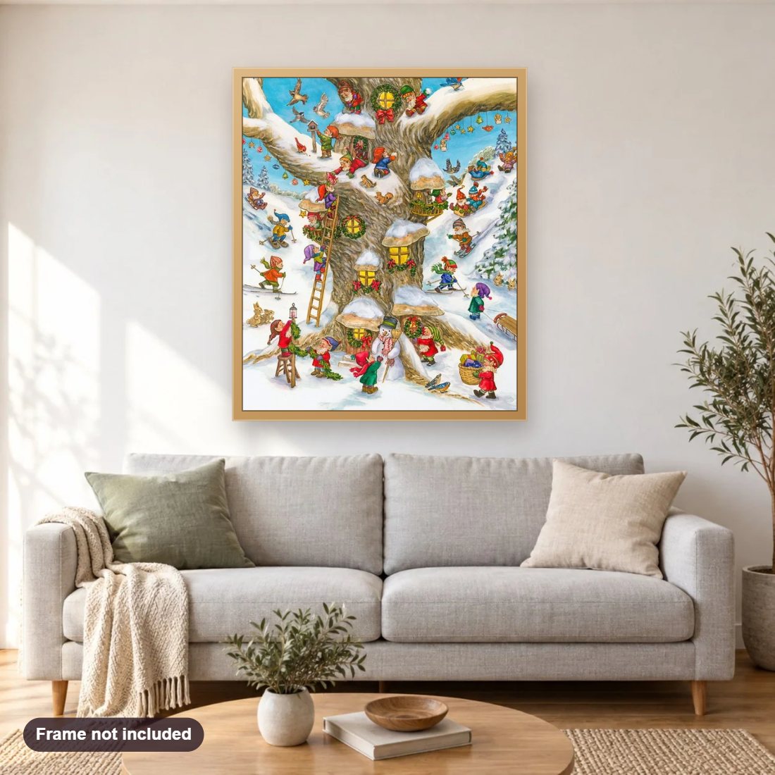 Little Dwarfs Ready for Christmas diamond painting shown framed on a living room wall above a sofa