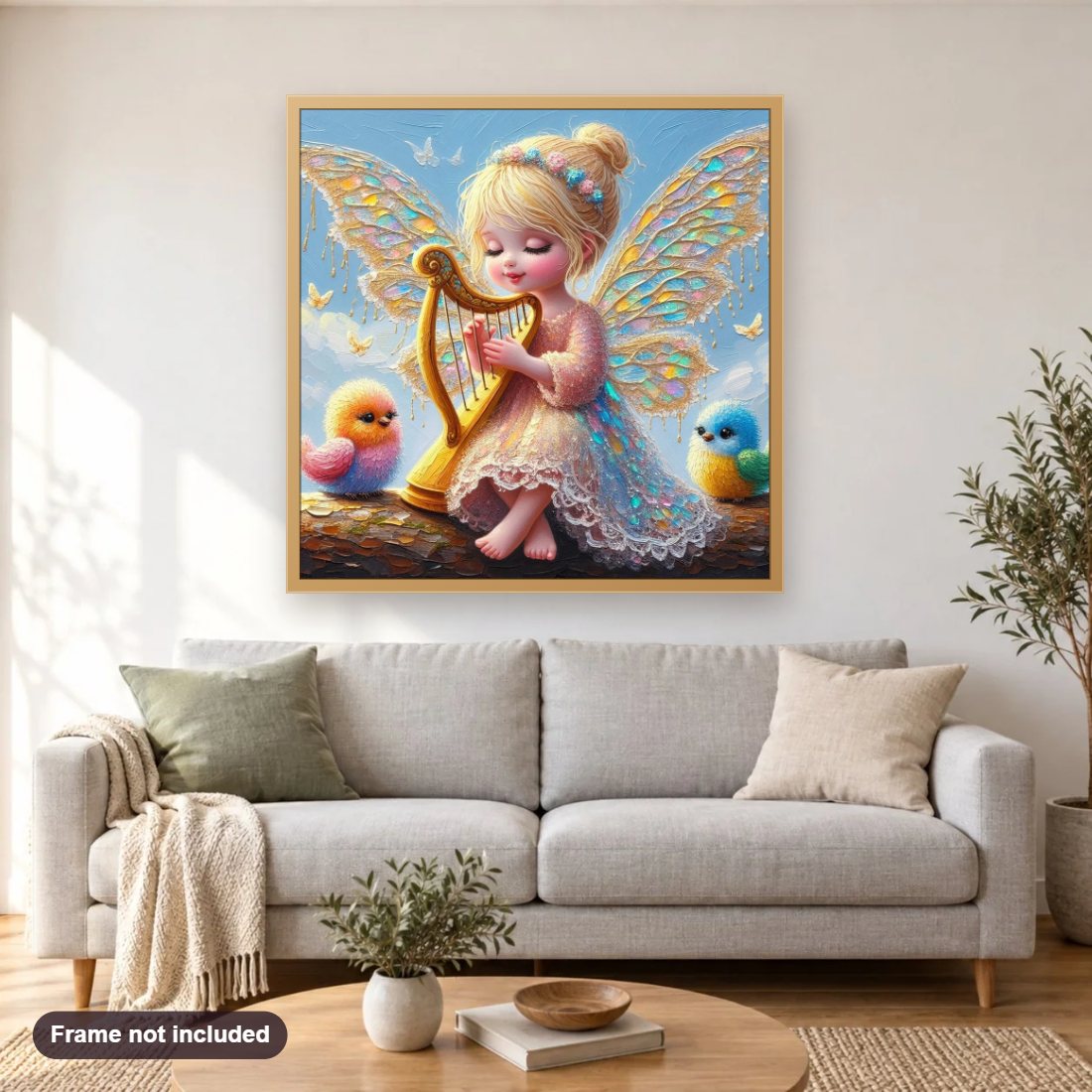 Little Fairy with a Harp diamond painting shown framed on a living room wall above a sofa