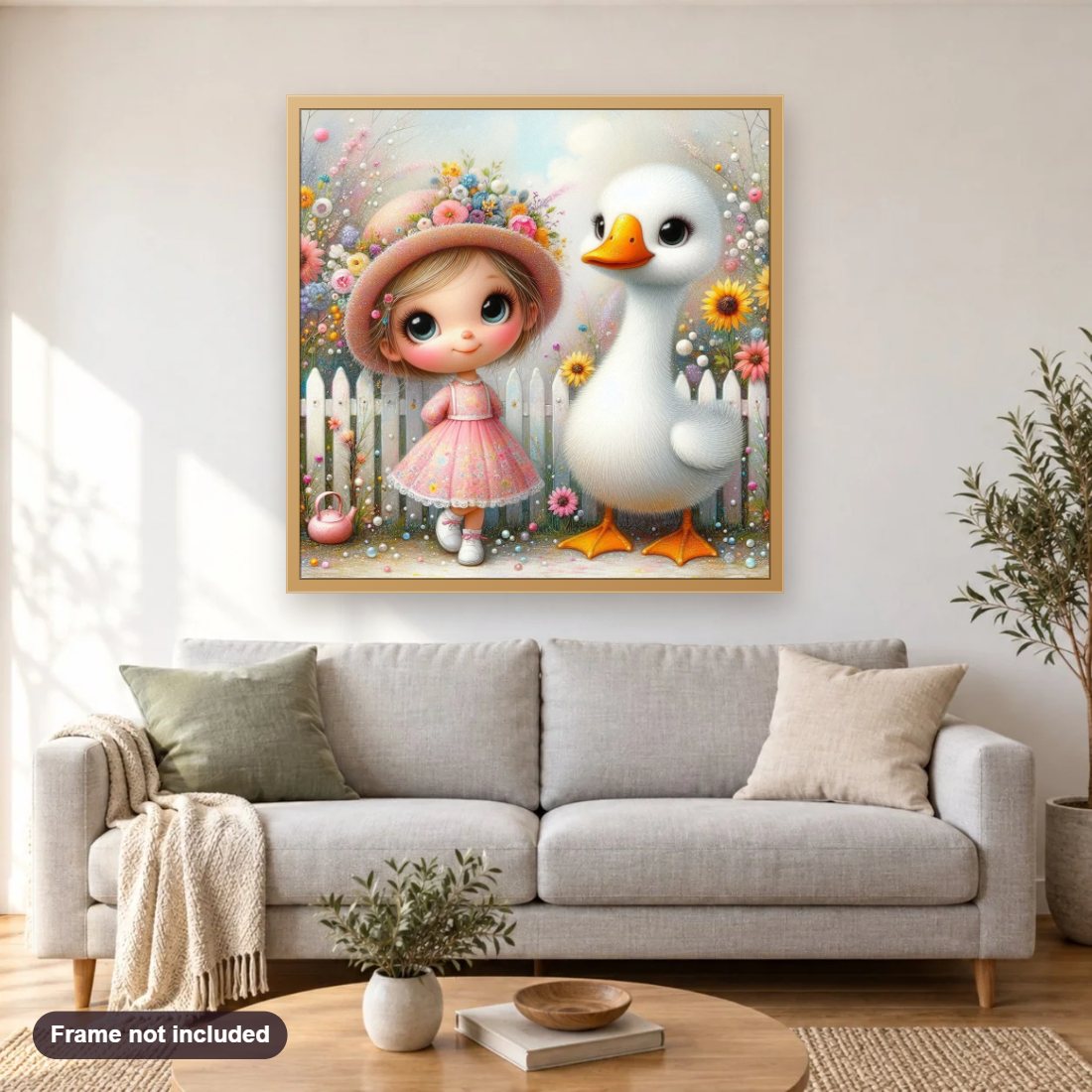 Little Girl & Her Pet Goose diamond painting shown framed on a living room wall above a sofa