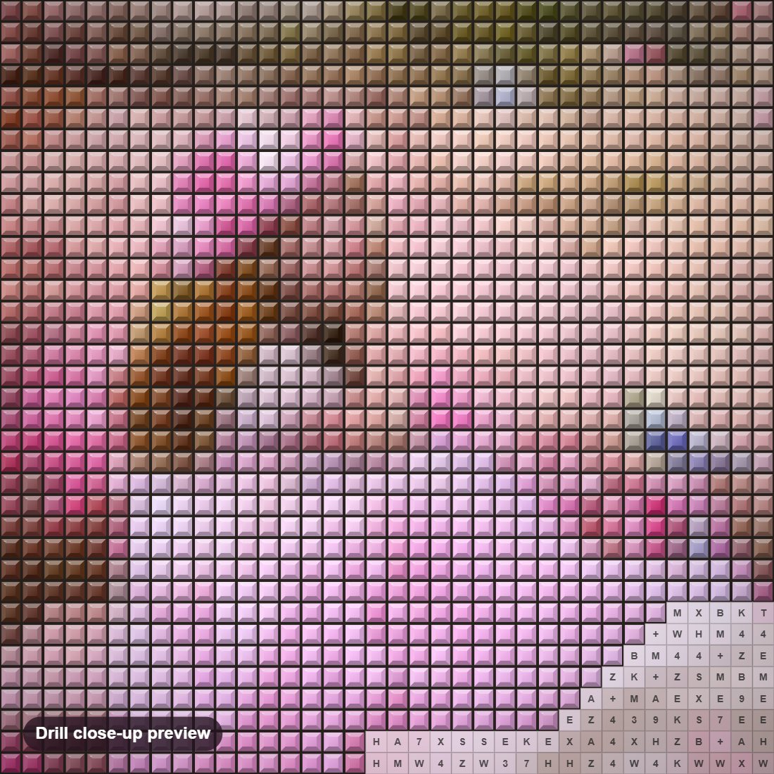 Close-up preview of the Little Girl in Pink Dress diamond painting with square 5D drills and printed canvas symbols