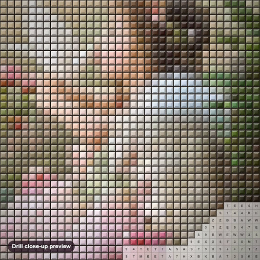 Close-up preview of the Little Girl & Pigeons diamond painting with square 5D drills and printed canvas symbols