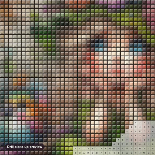 Close-up preview of the Little Girl Sitting On Bench diamond painting with square 5D drills and printed canvas symbols
