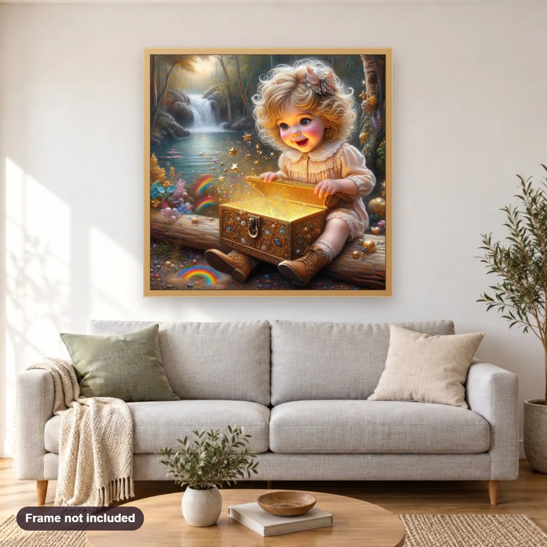Little Girl's Treasure diamond painting shown framed on a living room wall above a sofa