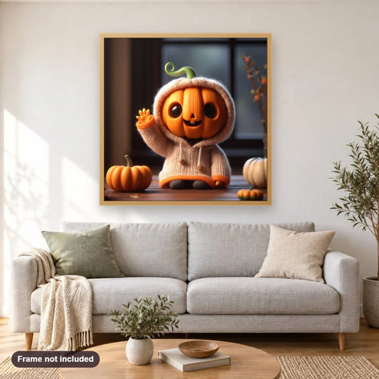 Little Halloween Pumpkin diamond painting shown framed on a living room wall above a sofa