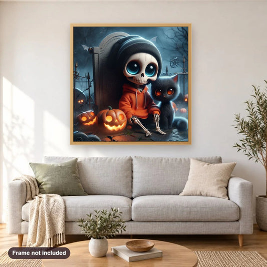 Little Halloween Skeleton diamond painting shown framed on a living room wall above a sofa