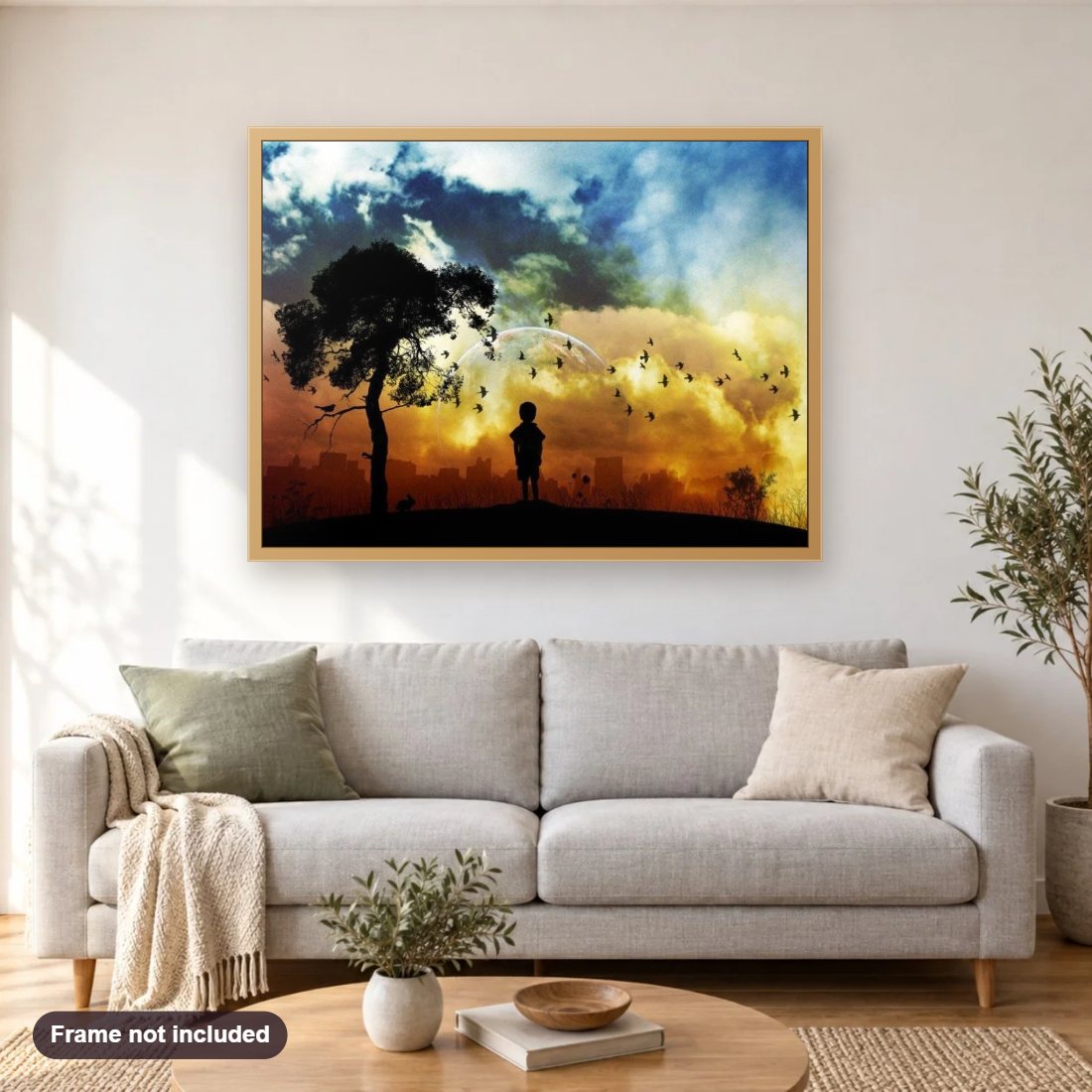 Little Kid Watching Flying Birds diamond painting shown framed on a living room wall above a sofa