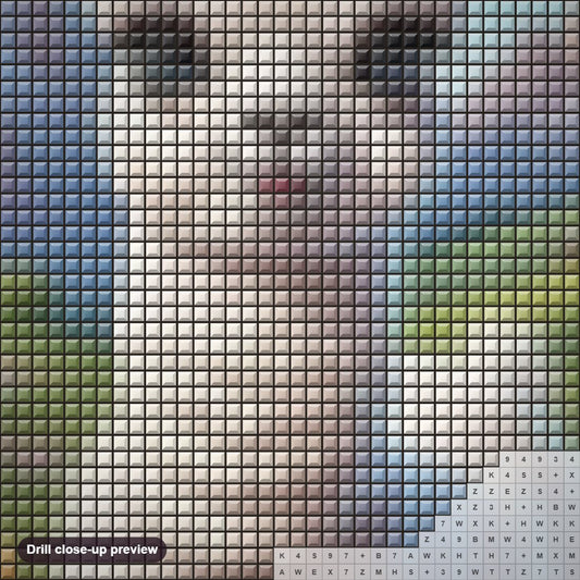 Close-up preview of the Little Lama Embracing Nature's Wonders diamond painting with square 5D drills and printed canvas symbols
