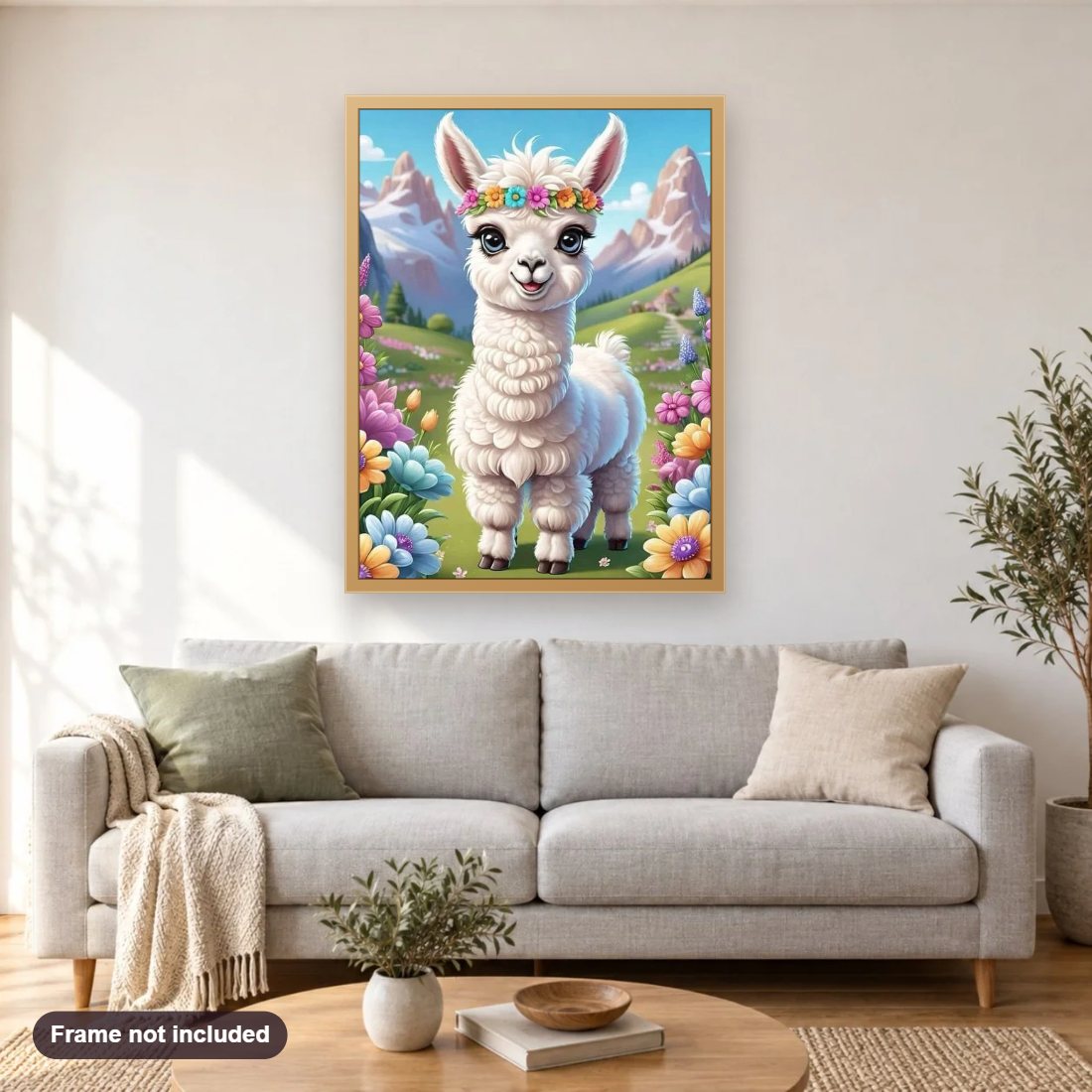 Little Lama Embracing Nature's Wonders diamond painting shown framed on a living room wall above a sofa