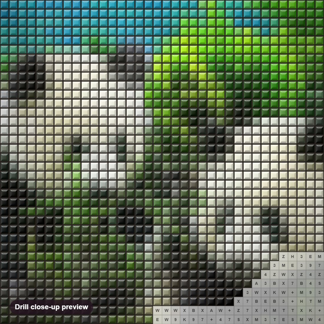 Close-up preview of the Little Panda Friend's diamond painting with square 5D drills and printed canvas symbols
