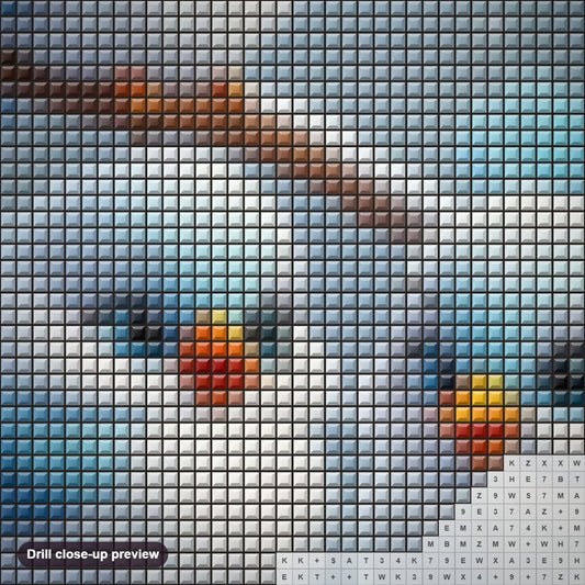 Close-up preview of the Little Sparrows Among Berries diamond painting with square 5D drills and printed canvas symbols