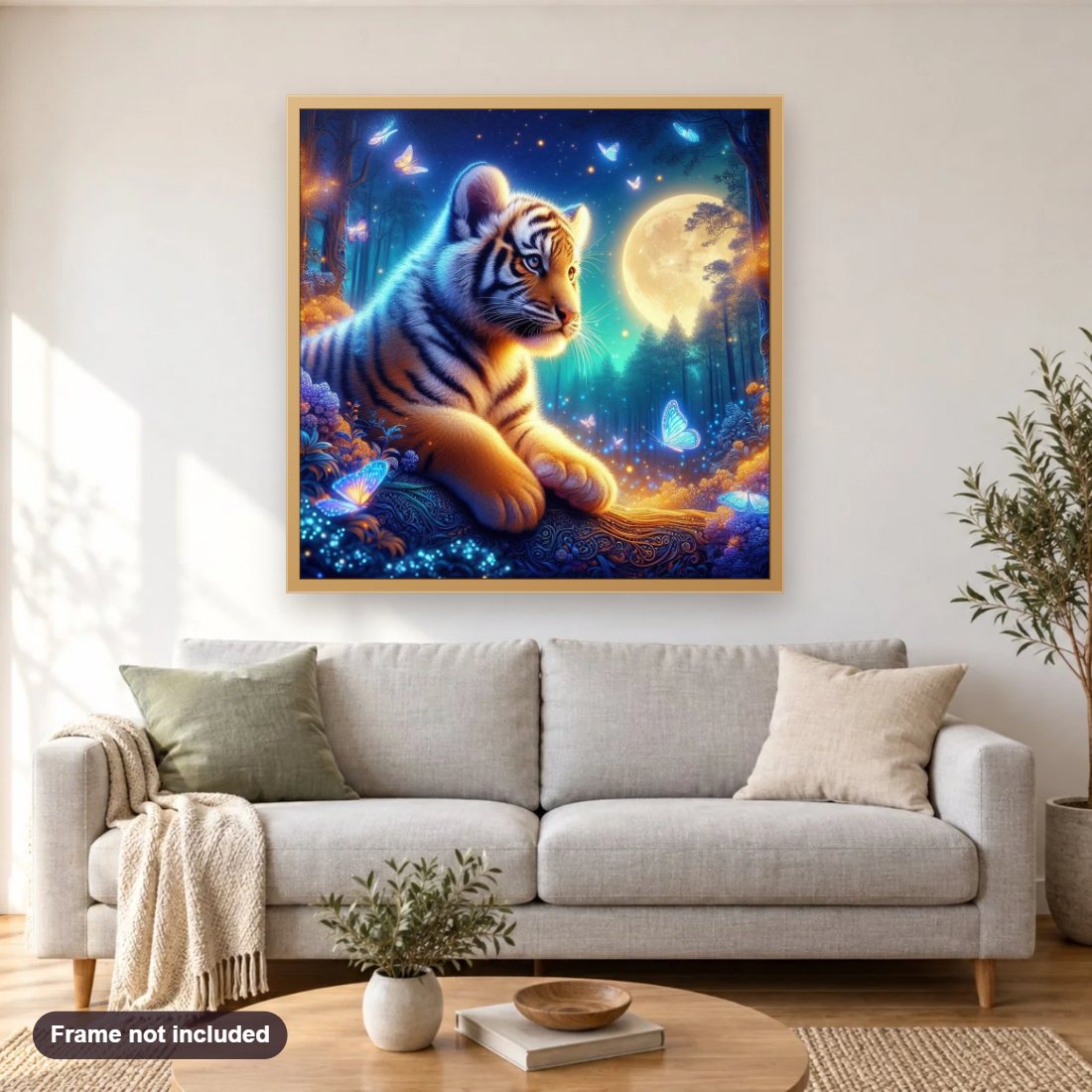 Little Tiger With Sparkling Butterflies diamond painting shown framed on a living room wall above a sofa