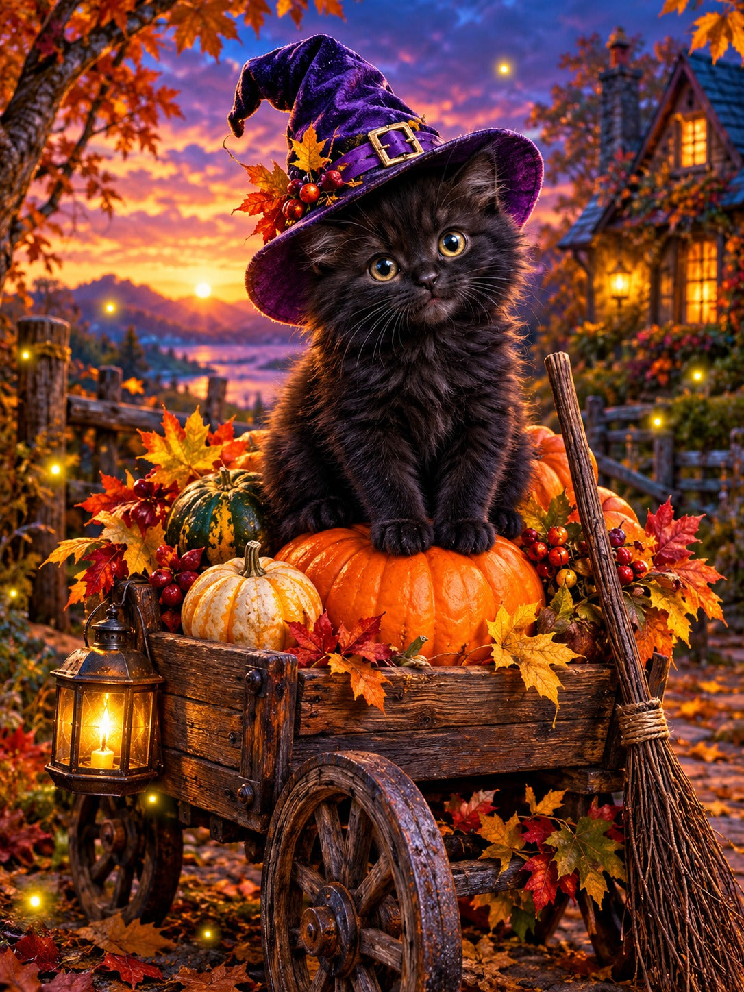 Black kitten in a witch hat on a pumpkin cart, Halloween diamond painting kit by All Diamond Painting