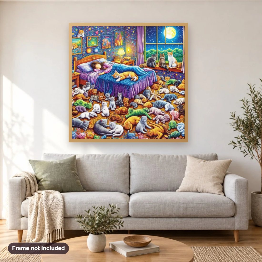 Living in the Dreams diamond painting shown framed on a living room wall above a sofa