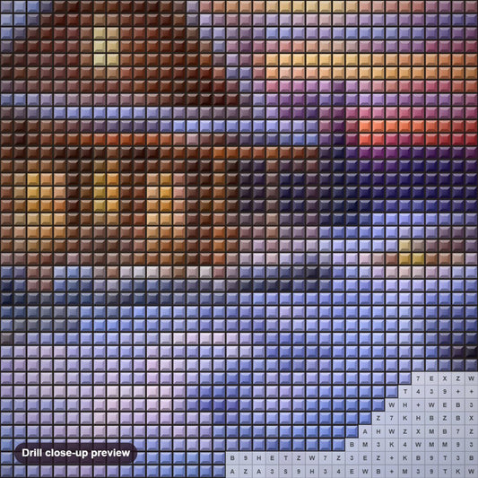 Close-up preview of the Log Cabin in Snow diamond painting with square 5D drills and printed canvas symbols