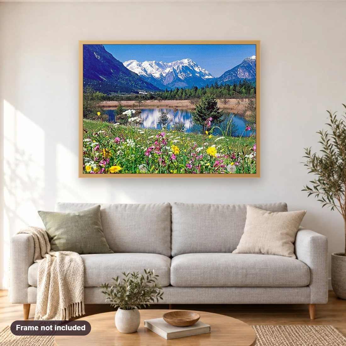Loisach River diamond painting shown framed on a living room wall above a sofa