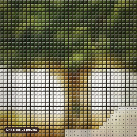 Close-up preview of the Lone Tree diamond painting with square 5D drills and printed canvas symbols