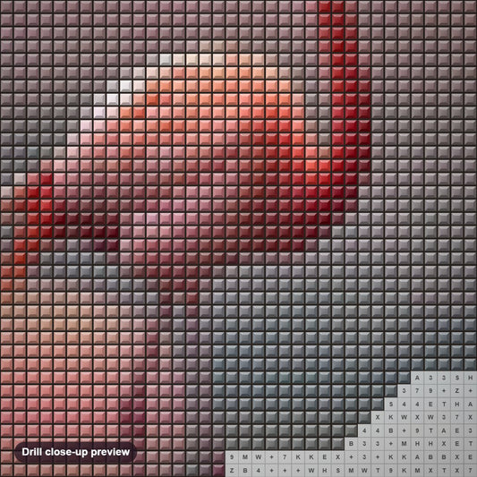 Close-up preview of the Lonely Flamingo & Setting Sun diamond painting with square 5D drills and printed canvas symbols