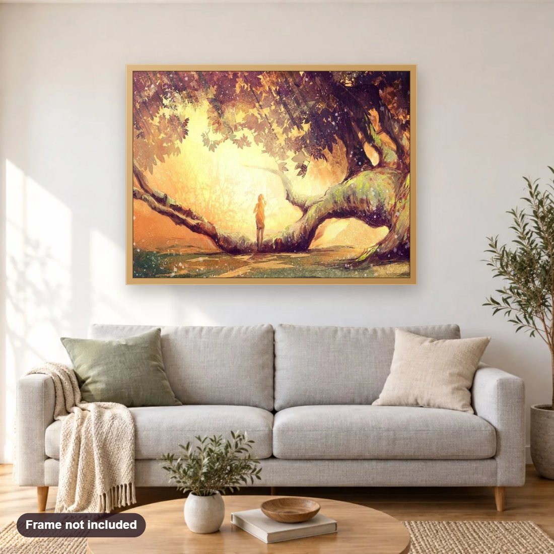 Lonely Girl under the Tree diamond painting shown framed on a living room wall above a sofa