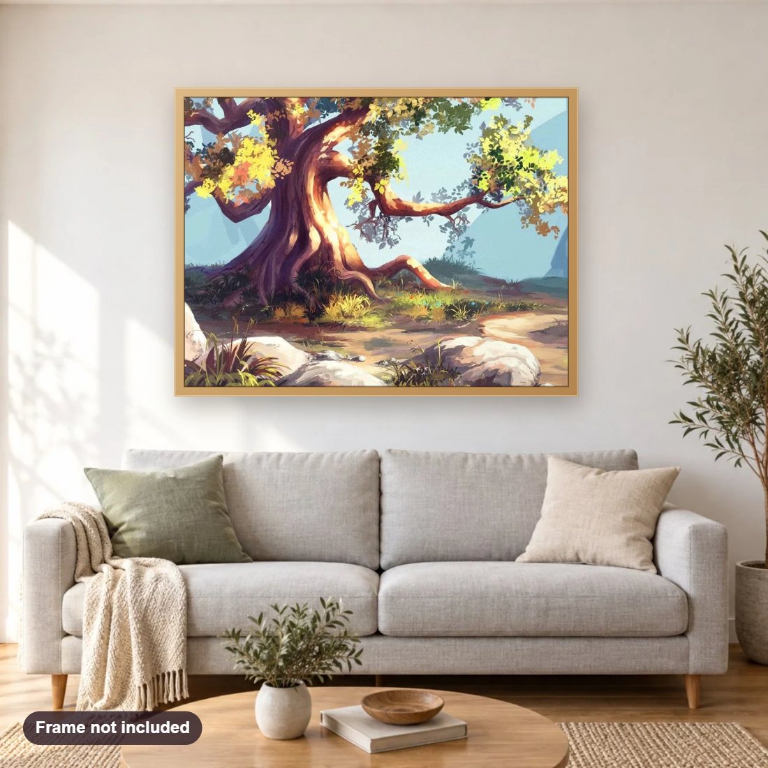 Lonely Tree diamond painting shown framed on a living room wall above a sofa