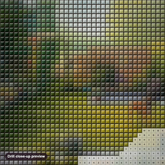 Close-up preview of the Looking Back diamond painting with square 5D drills and printed canvas symbols