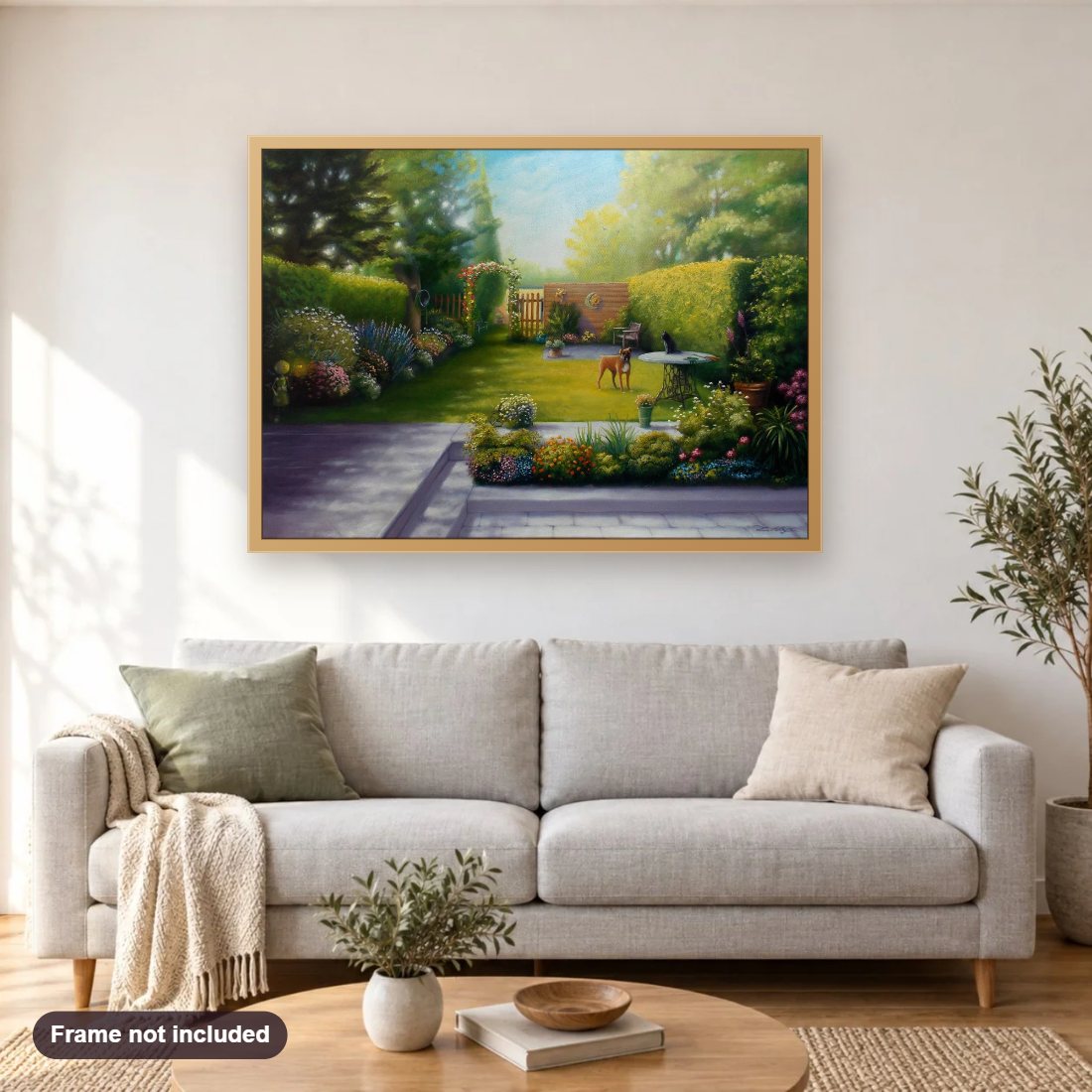 Looking Back diamond painting shown framed on a living room wall above a sofa