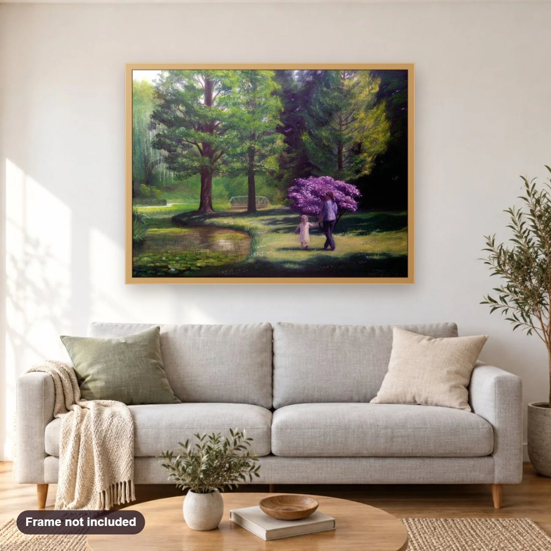 Looking For Ducks diamond painting shown framed on a living room wall above a sofa