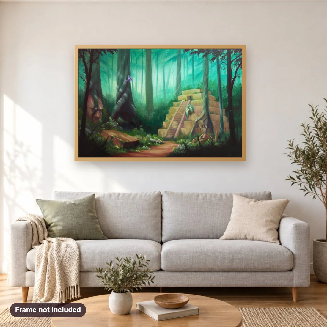 Lost And Found diamond painting shown framed on a living room wall above a sofa